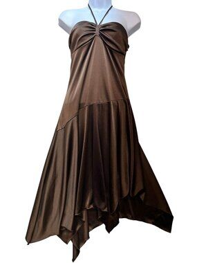 Speechless Women's Halter Asymmetrical Midi Dress Smocked Back Size S Brown
